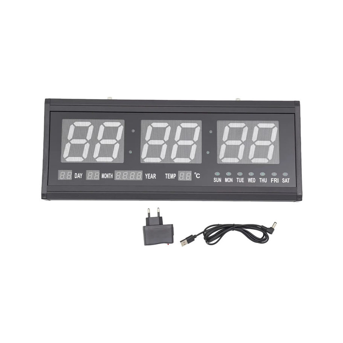 Digitale LED-Wanduhr in Schwarz mit Datum und Thermometer für Wohnzimmer, Büro und Schlafzimmer - Bild 1