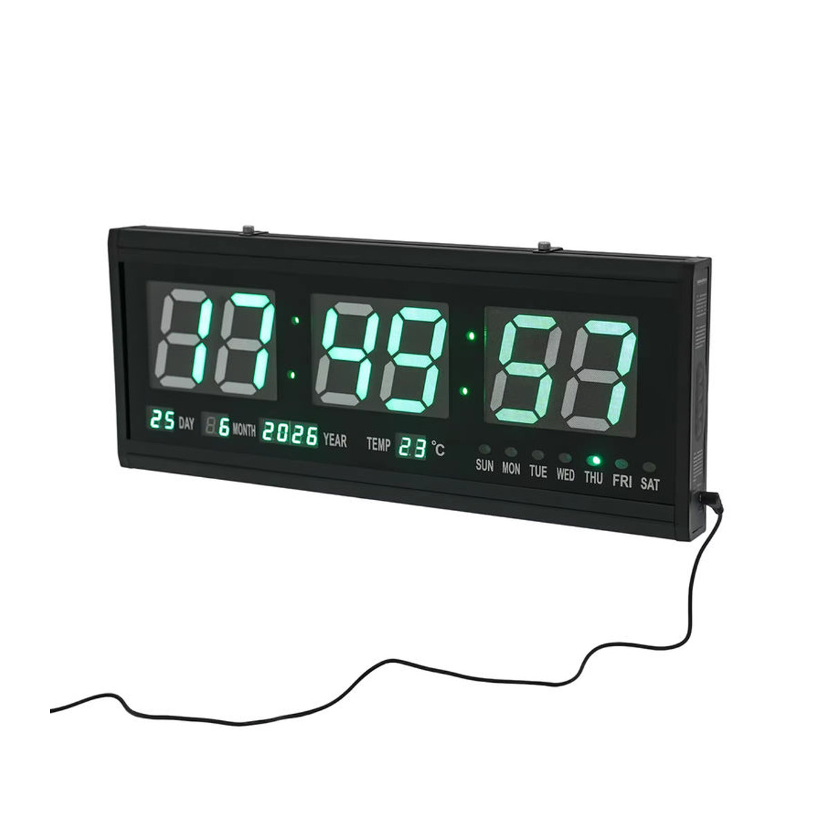 Digitale LED-Wanduhr in Schwarz mit Datum und Thermometer für Wohnzimmer, Büro und Schlafzimmer - Bild 5