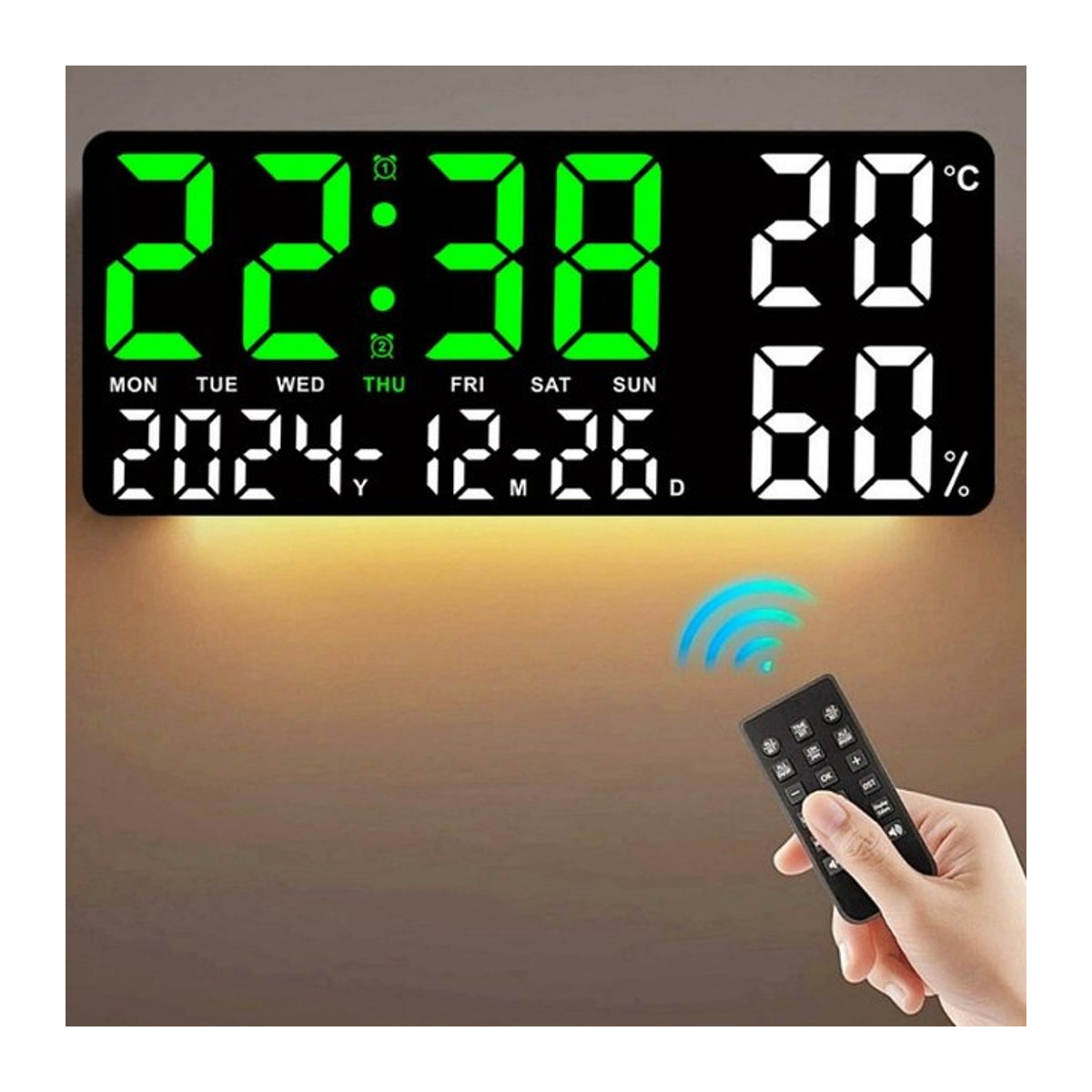 Digitale LED Wanduhr mit Stimmungslicht in 7 Farben, Thermometer, Hygrometer und Datumsanzeige, modern, Beige oder Schwarz - Bild 1