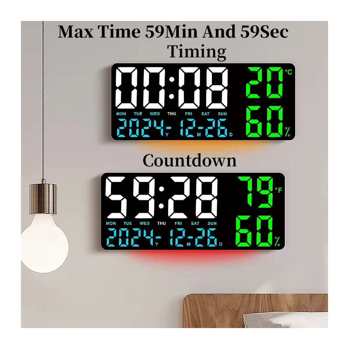Digitale LED Wanduhr mit Stimmungslicht in 7 Farben, Thermometer, Hygrometer und Datumsanzeige, modern, Beige oder Schwarz - Bild 3