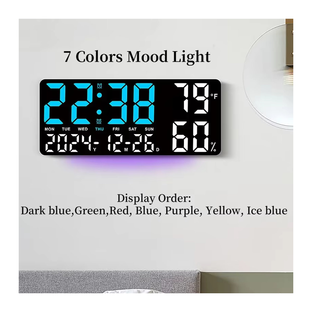Digitale LED Wanduhr mit Stimmungslicht in 7 Farben, Thermometer, Hygrometer und Datumsanzeige, modern, Beige oder Schwarz - Bild 4