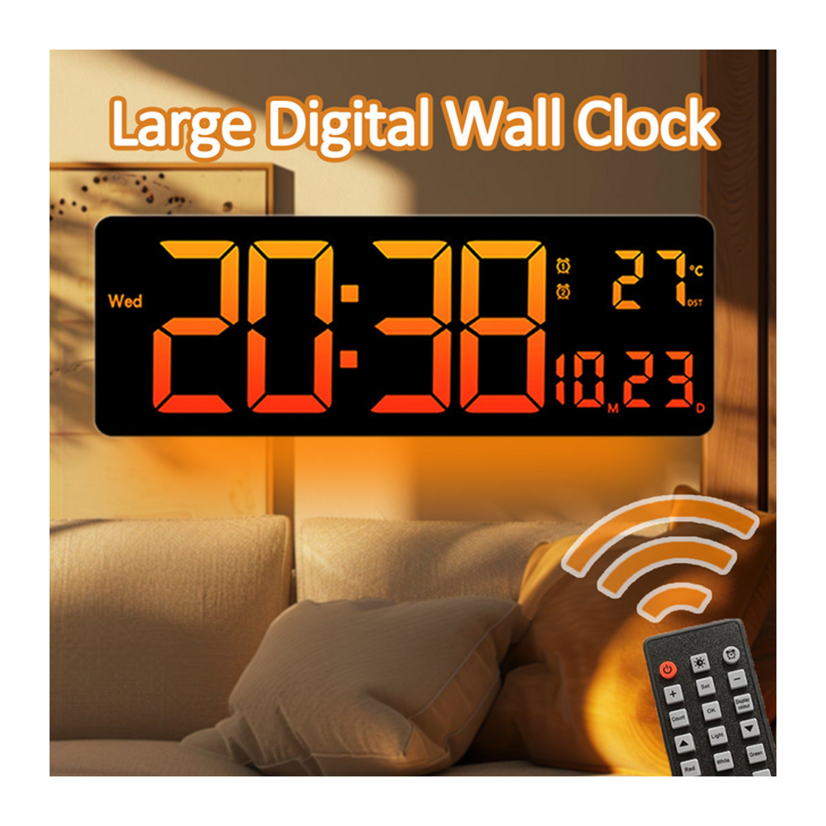 Digitale LED Wanduhr mit Thermometer und Datumsanzeige, 40,64 cm, Schwarz, inklusive Fernbedienung - Bild 1