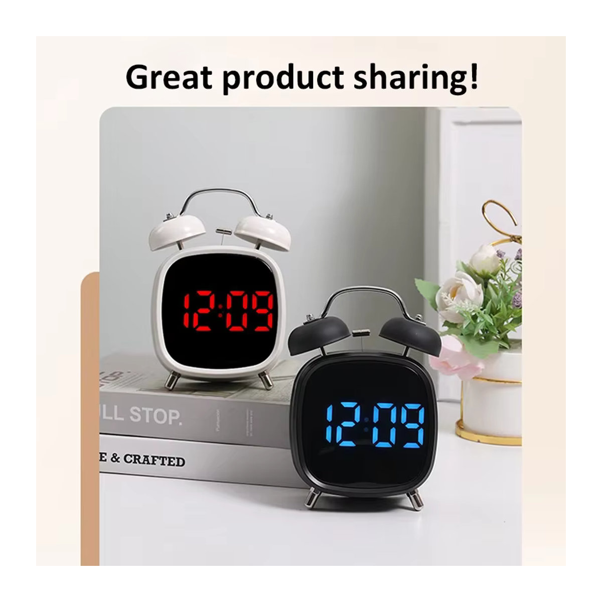 Digitaler LED-Tischwecker mit zwei Glocken, quadratischer Plug-In Wecker aus Kunststoff für Kinder, Zuhause und Büro, Schwarz/Weiß - Bild 2