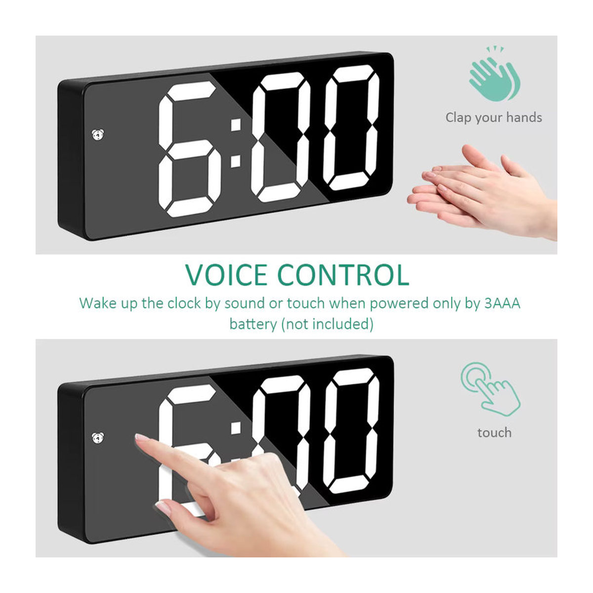 Digitaler LED Wecker mit Nachtmodus in Schwarz, USB- und Batteriebetrieb, moderne Smart Desk Uhr für 12/24h Anzeige - Bild 3