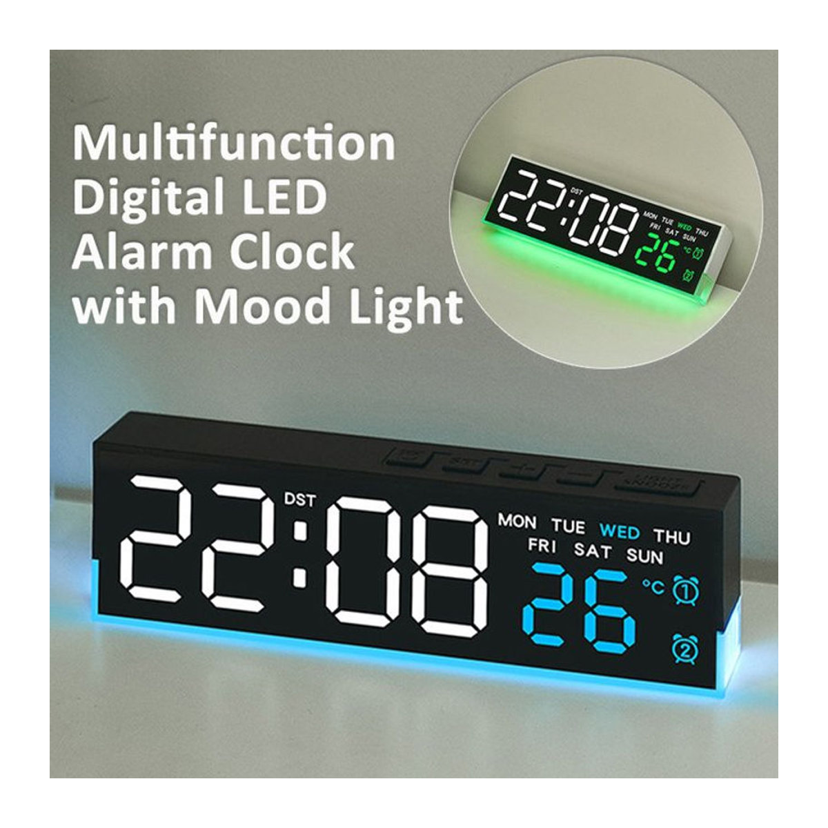 Digitaler LED-Wecker mit Stimmungslicht und Thermometer, USB-betriebene Tischuhr in Schwarz mit Datumsanzeige und Schlummerfunktion - Bild 1