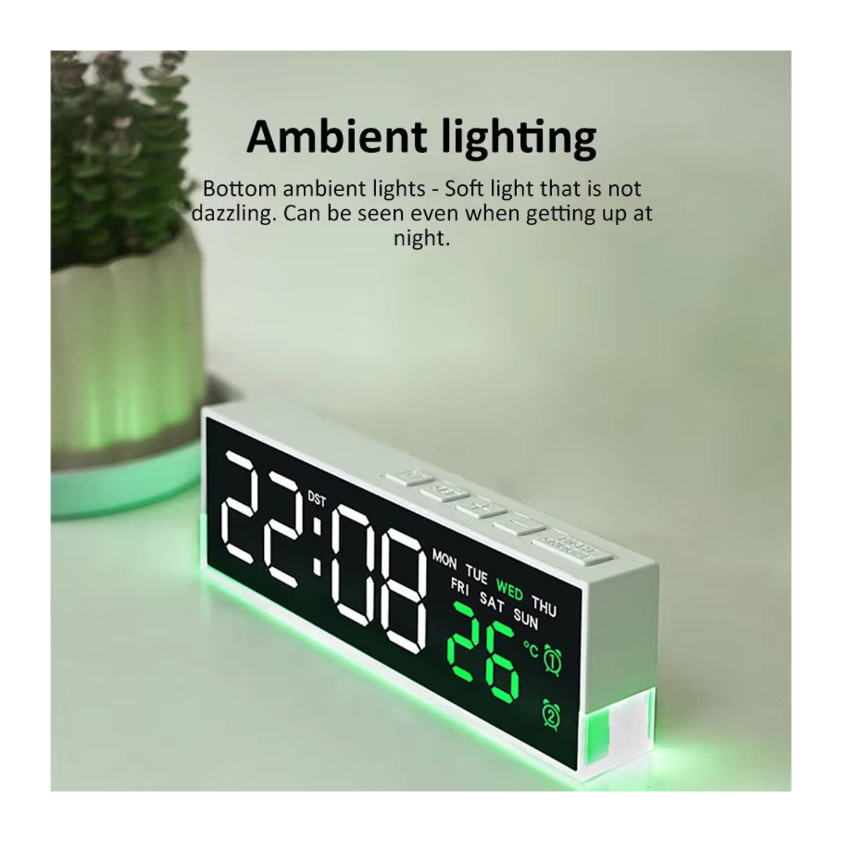 Digitaler LED-Wecker mit Stimmungslicht und Thermometer, USB-betriebene Tischuhr in Schwarz mit Datumsanzeige und Schlummerfunktion - Bild 3