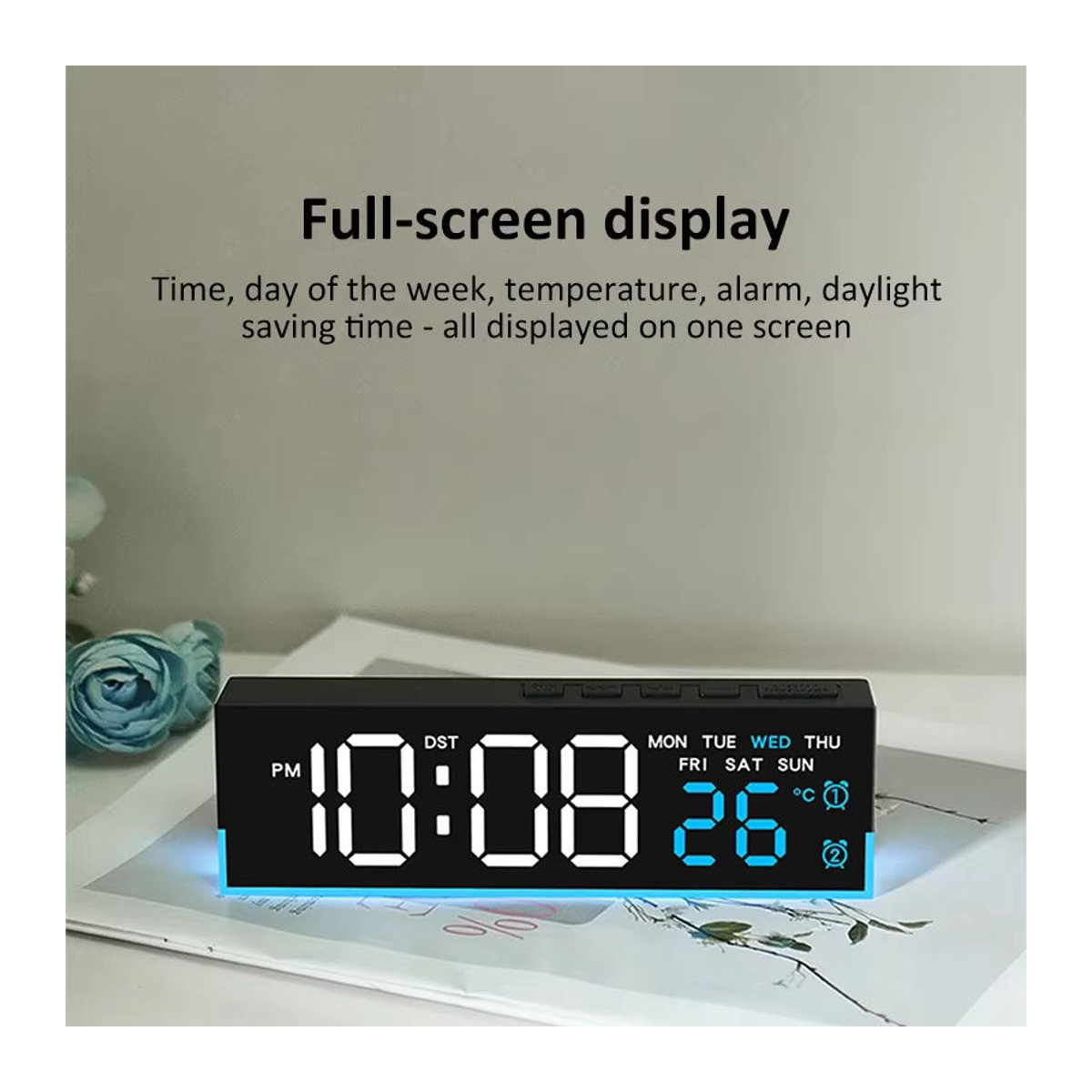 Digitaler LED-Wecker mit Stimmungslicht und Thermometer, USB-betriebene Tischuhr in Schwarz mit Datumsanzeige und Schlummerfunktion - Bild 4