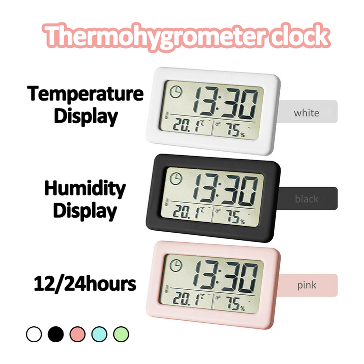 Digitaler Mini-Wecker mit Temperatur- und Feuchtigkeitsanzeige in Weiß, minimalistische Schreibtischuhr aus Kunststoff mit Thermometer und Hygrometer - Bild 1
