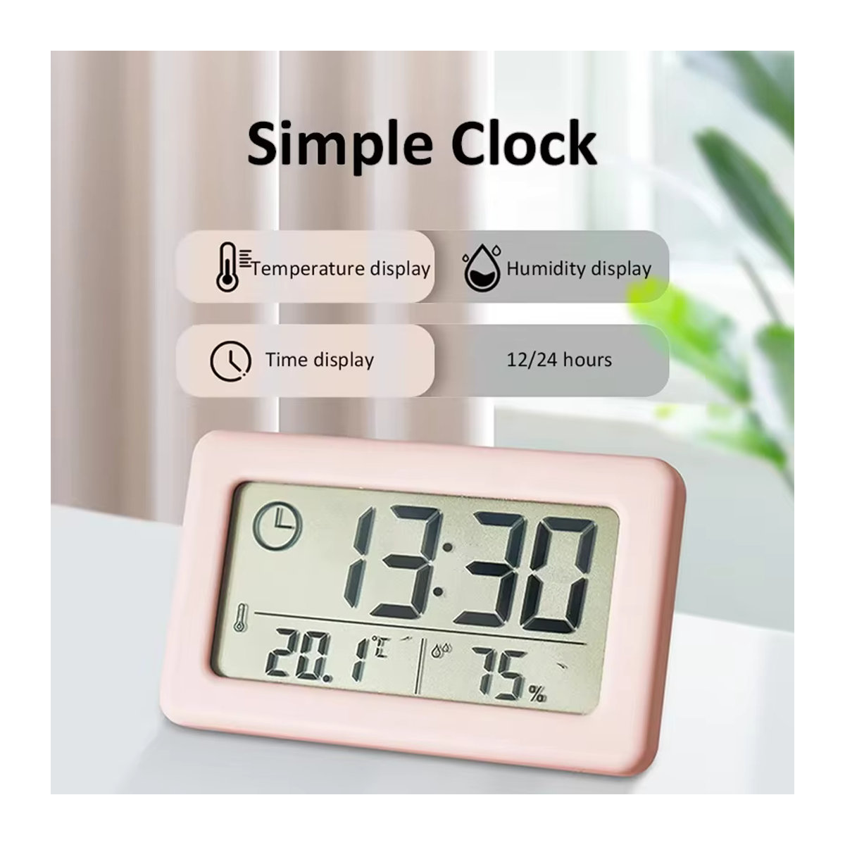 Digitaler Mini-Wecker mit Temperatur- und Feuchtigkeitsanzeige in Weiß, minimalistische Schreibtischuhr aus Kunststoff mit Thermometer und Hygrometer - Bild 2