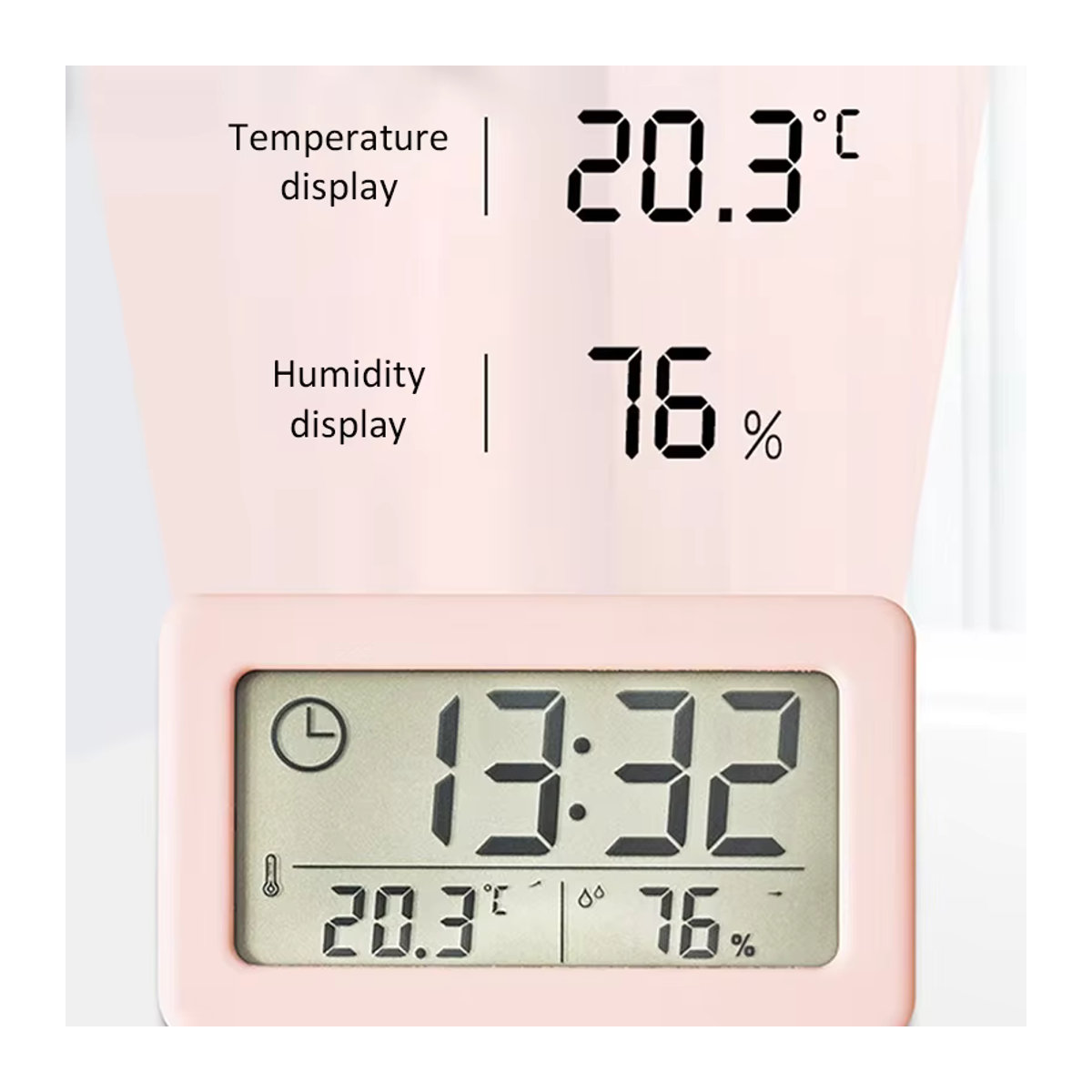 Digitaler Mini-Wecker mit Temperatur- und Feuchtigkeitsanzeige in Weiß, minimalistische Schreibtischuhr aus Kunststoff mit Thermometer und Hygrometer - Bild 3