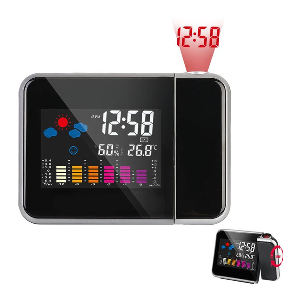 Digitaler Wecker mit Farbdisplay und Zeitprojektion in Schwarz mit Wetterstation und modernem Design - Bild 1