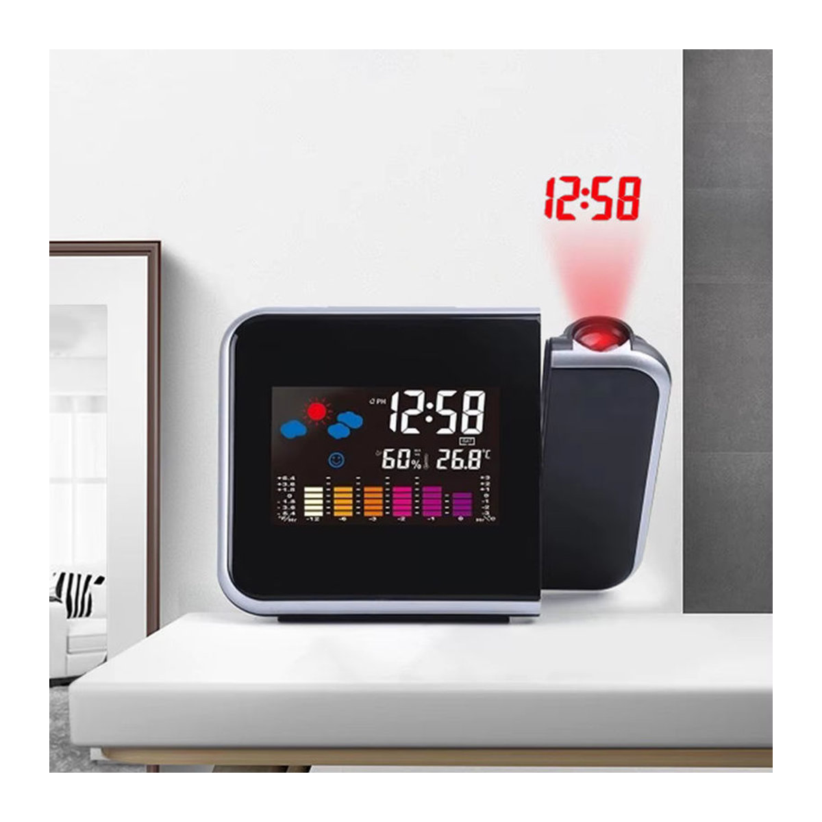 Digitaler Wecker mit Farbdisplay und Zeitprojektion in Schwarz mit Wetterstation und modernem Design - Bild 3