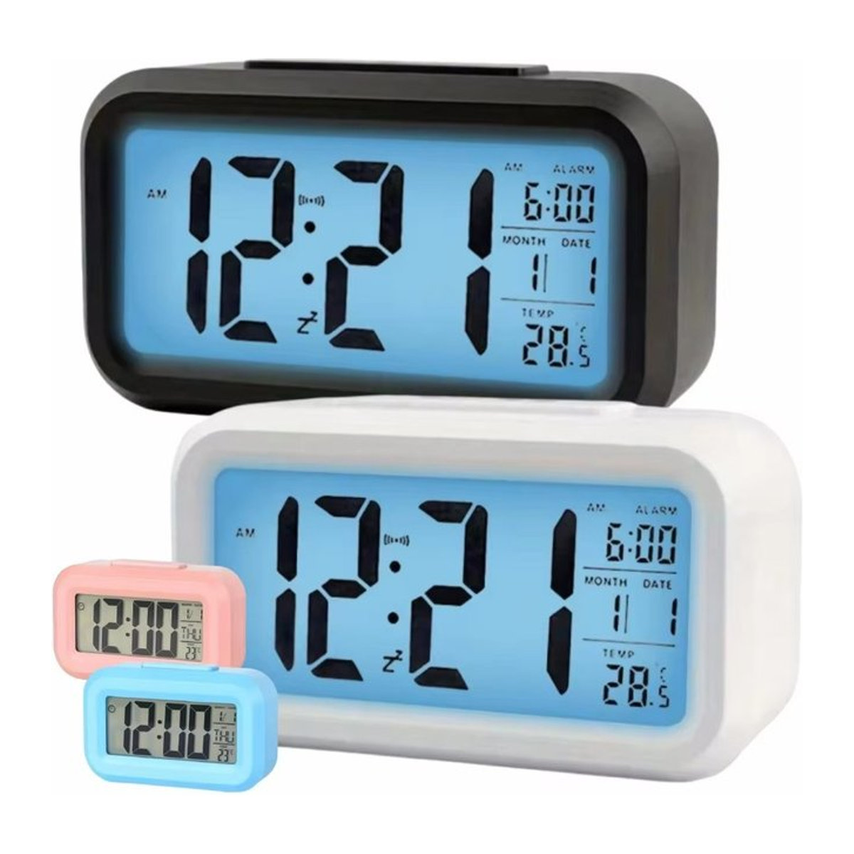 Digitaler Wecker mit LCD-Display und LED-Beleuchtung, intelligenter Lichtkalender mit Temperaturanzeige und Datumsanzeige, mehrfarbig, batteriebetrieben - Bild 1