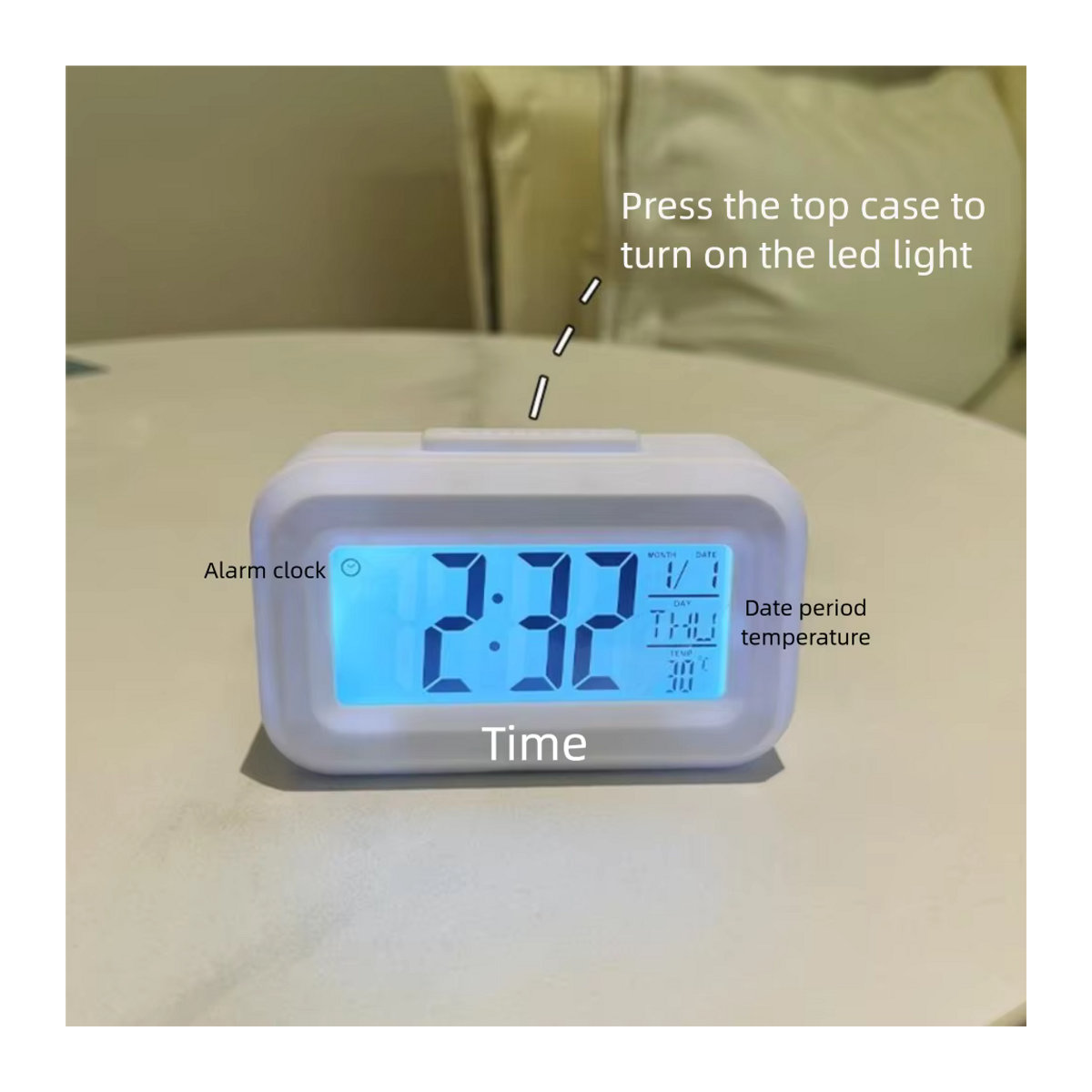 Digitaler Wecker mit LCD-Display und LED-Beleuchtung, intelligenter Lichtkalender mit Temperaturanzeige und Datumsanzeige, mehrfarbig, batteriebetrieben - Bild 3