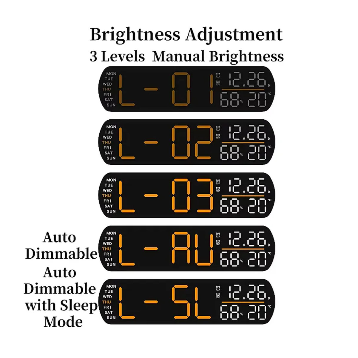 Digitaler Wecker mit Temperaturanzeige, Luftfeuchtigkeit und Datum in Schwarz, LED-Tischuhr mit 2 Alarmen, Schlummerfunktion und automatischer Dimmung - Bild 6