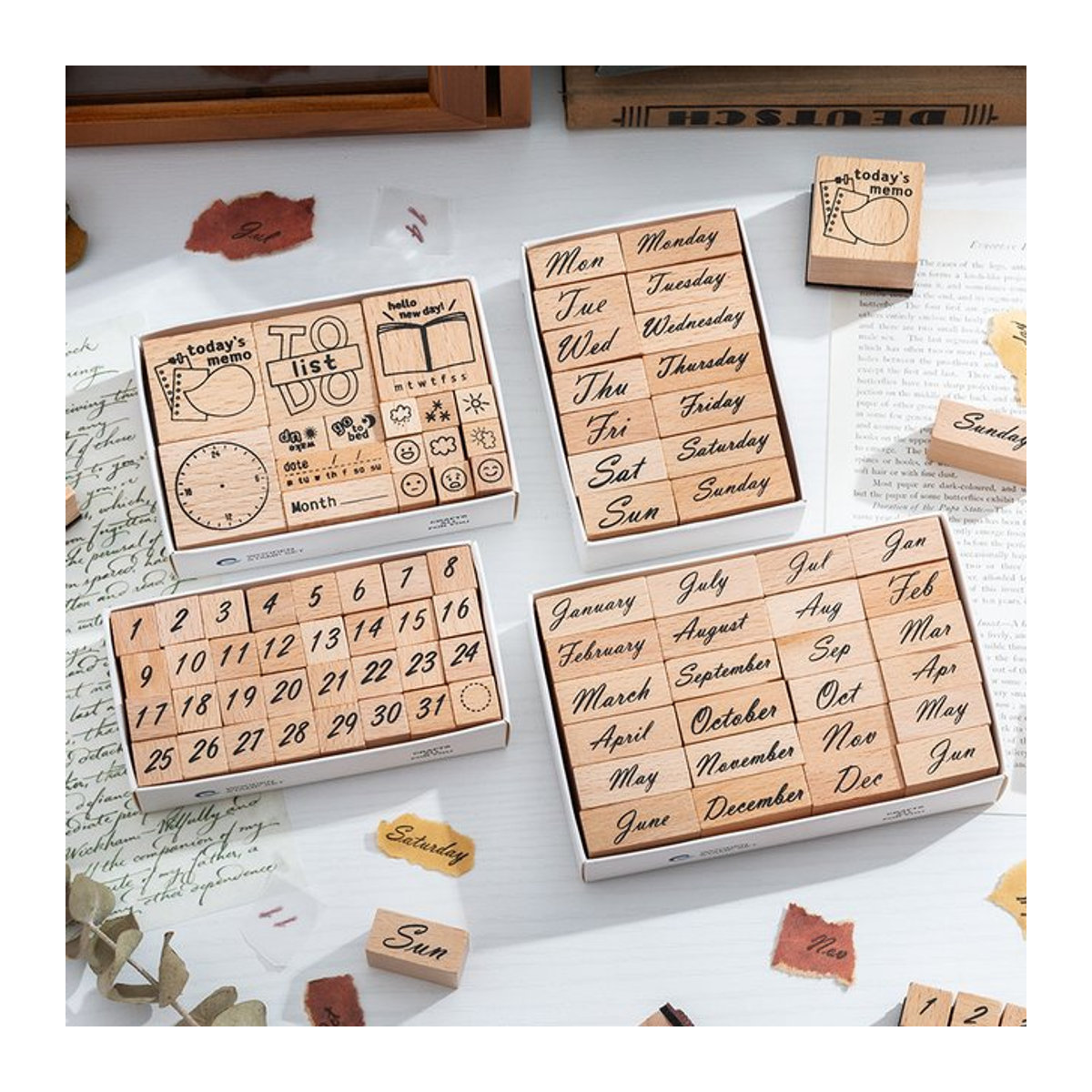 Digitales Handbuch für Wochen- und Monatsplanung mit hölzernem Siegel-Set und Holzstempel in Natur und minimalistischem Design - Bild 1