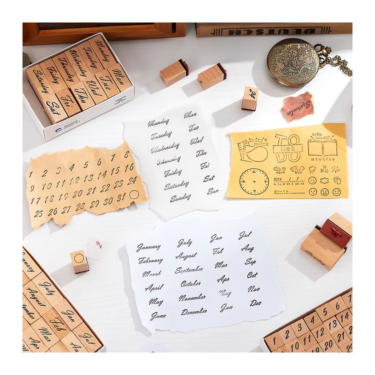 Digitales Handbuch für Wochen- und Monatsplanung mit hölzernem Siegel-Set und Holzstempel in Natur und minimalistischem Design - Bild 3
