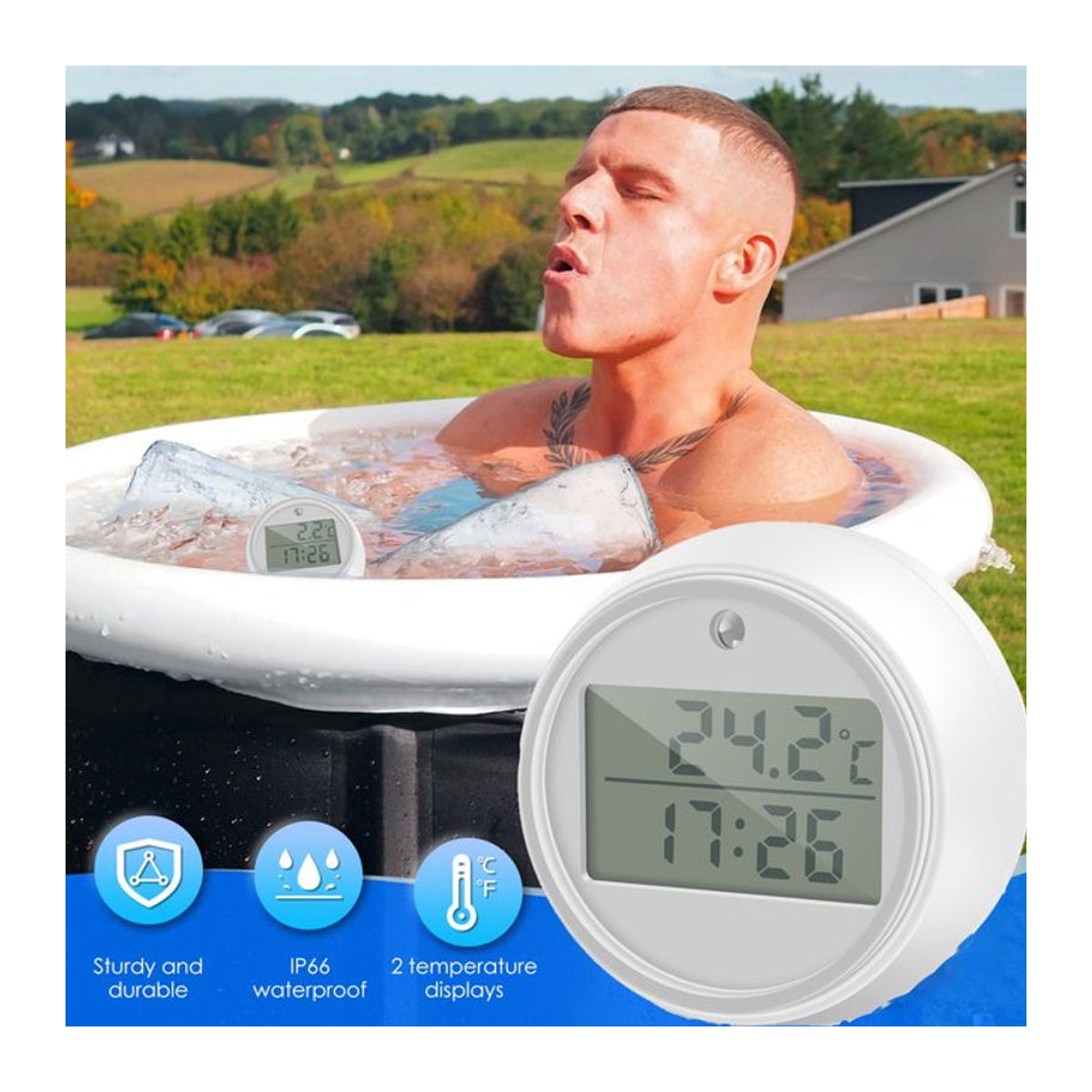 Digitales LCD Pool-Thermometer mit blinkender LED in Weiß für Schwimmbecken und Badewasser - Bild 1