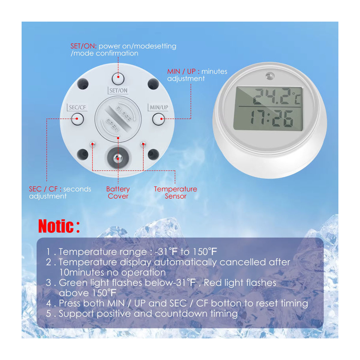 Digitales LCD Pool-Thermometer mit blinkender LED in Weiß für Schwimmbecken und Badewasser - Bild 4