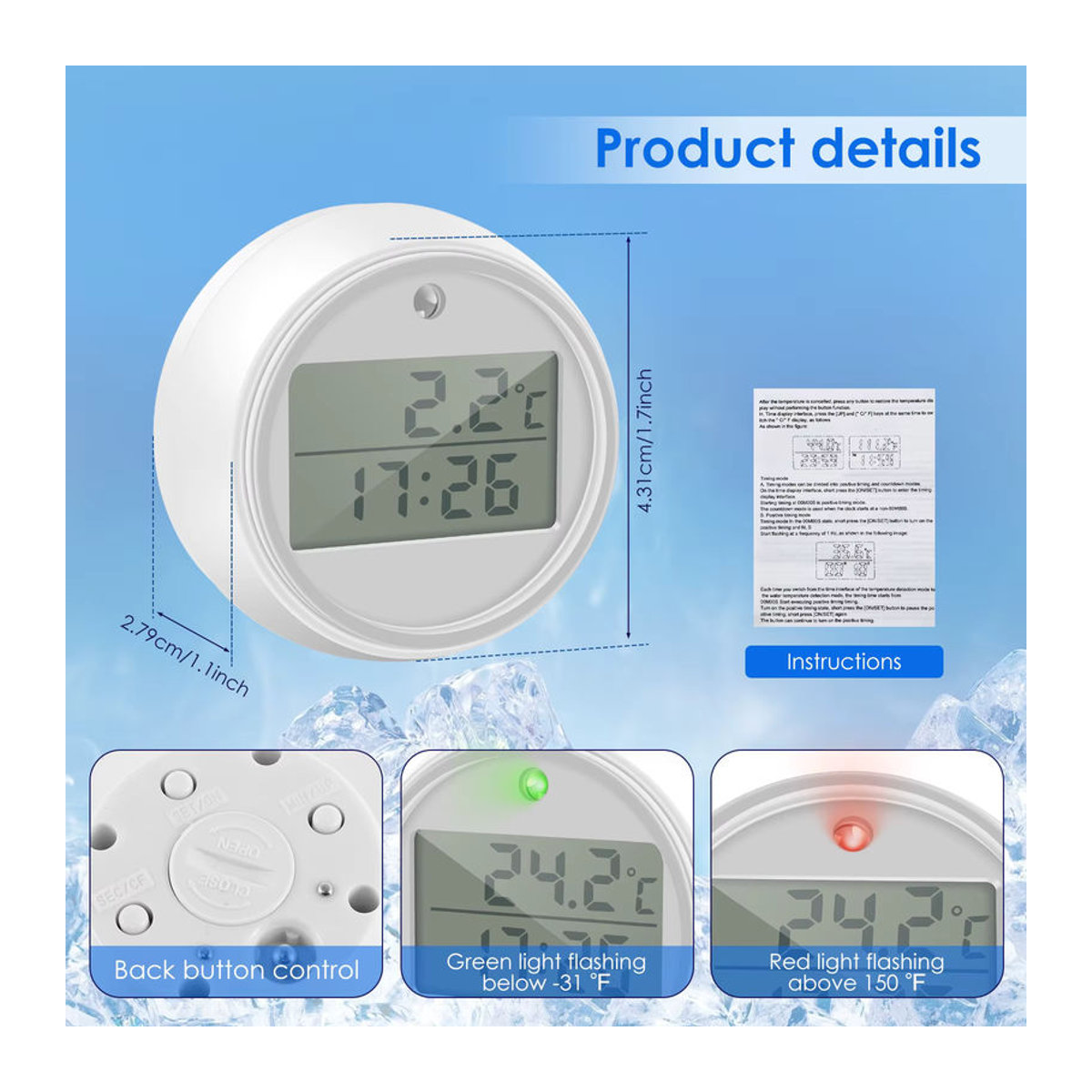 Digitales LCD Pool-Thermometer mit blinkender LED in Weiß für Schwimmbecken und Badewasser - Bild 6