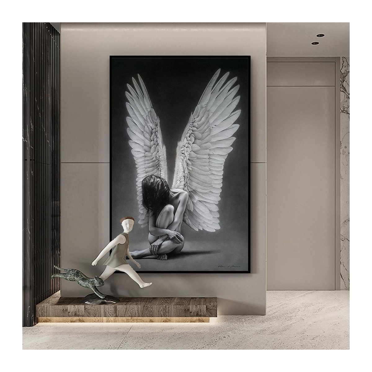 DIMENGQI Leinwandgemälde Engelsmädchen Schwarz-Weiß Abstraktes Porträt Wandkunst für Wohnzimmer, B: 20 cm, H: 30 cm - Bild 2