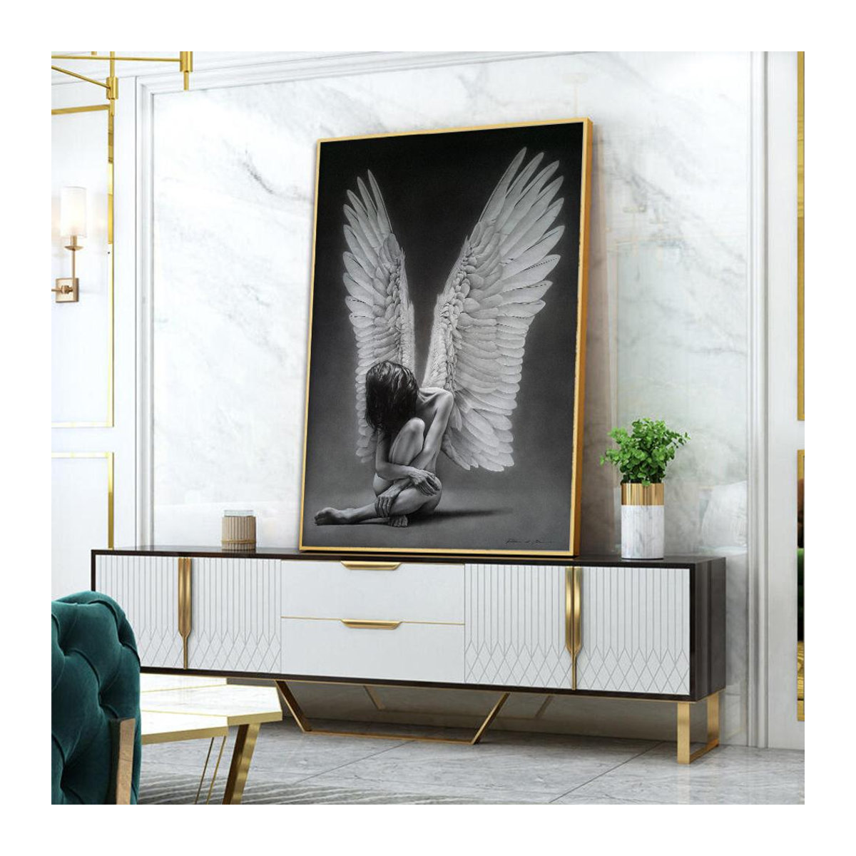 DIMENGQI Leinwandgemälde Engelsmädchen Schwarz-Weiß Abstraktes Porträt Wandkunst für Wohnzimmer, B: 20 cm, H: 30 cm - Bild 3