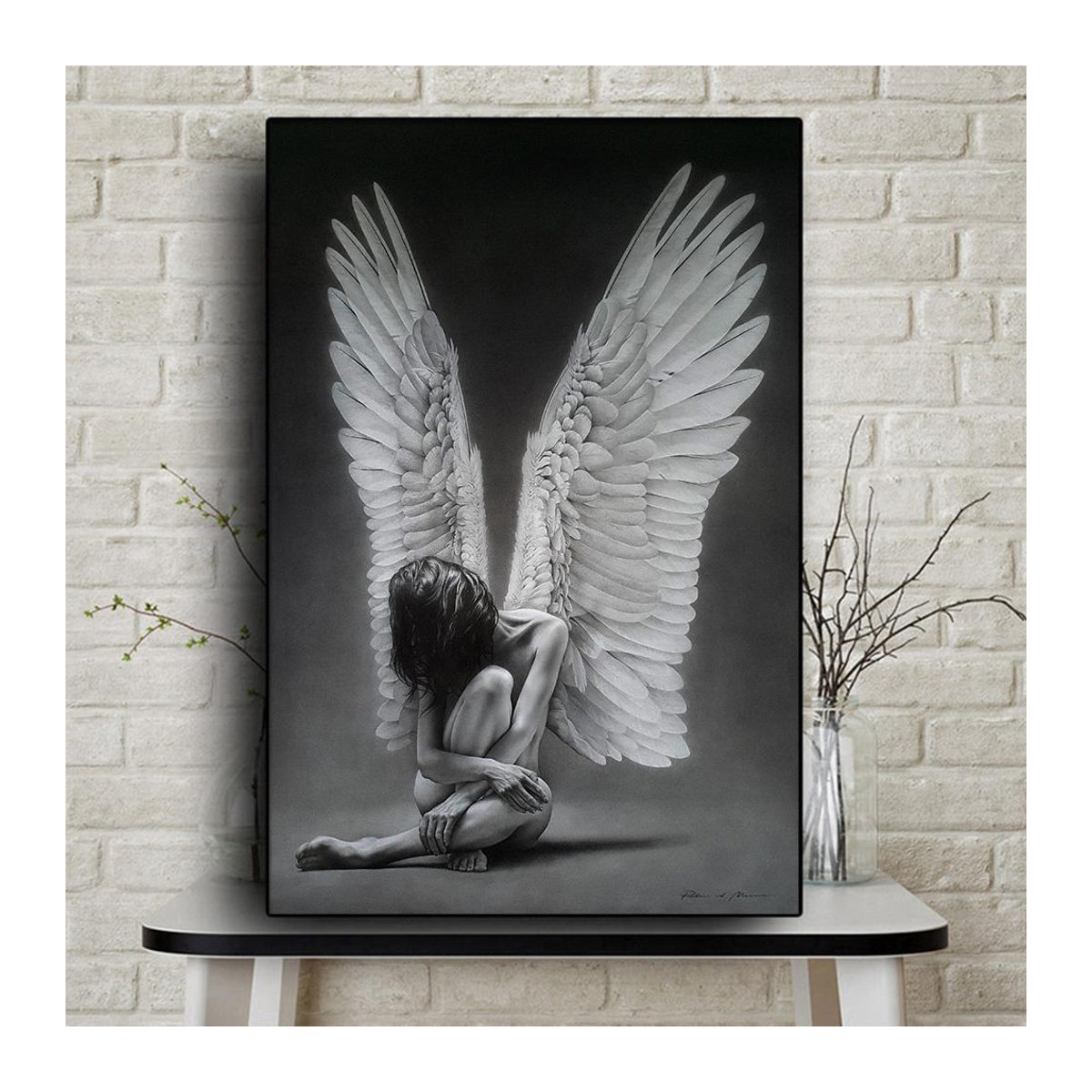 DIMENGQI Leinwandgemälde Engelsmädchen Schwarz-Weiß Abstraktes Porträt Wandkunst für Wohnzimmer, B: 20 cm, H: 30 cm - Bild 4