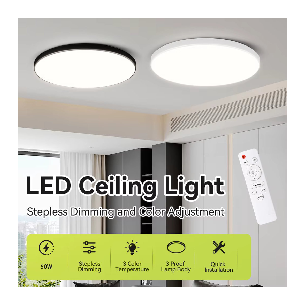 Dimmbare LED Deckenleuchte mit Fernbedienung von CHENBEN in Weiß im minimalistischen Design für Wohnzimmer und Schlafzimmer - Bild 2
