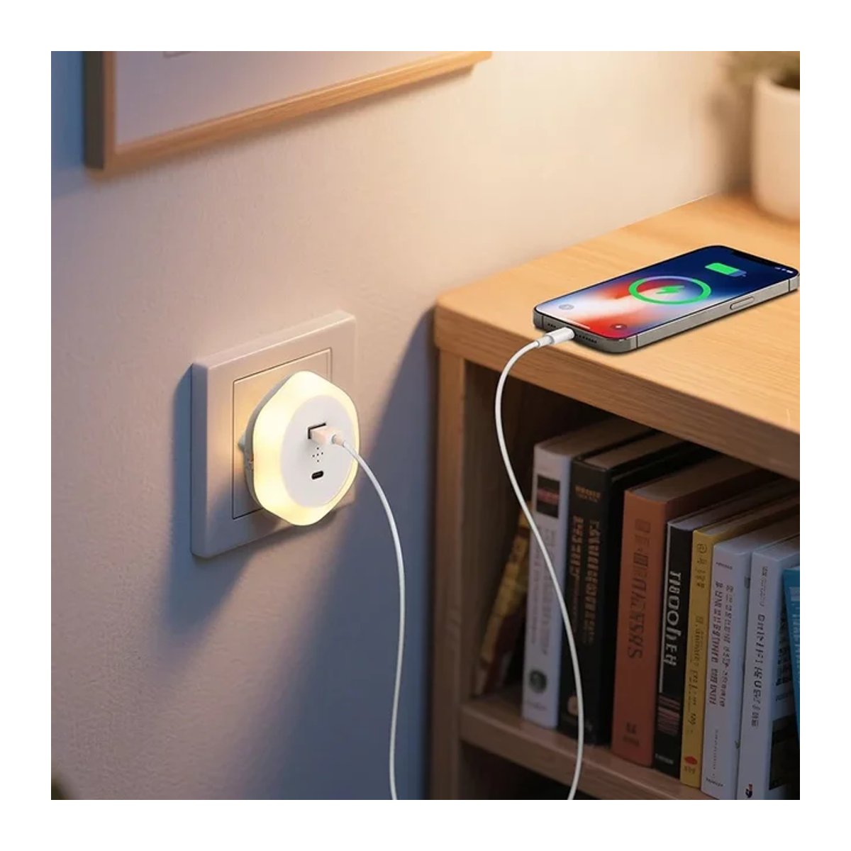 Dimmbare LED Nachttischlampe in Weiß mit automatischem Lichtsensor und USB-Typ-C-Anschluss, warmweißes Nachtlicht für Schlafzimmer und Flur - Bild 1