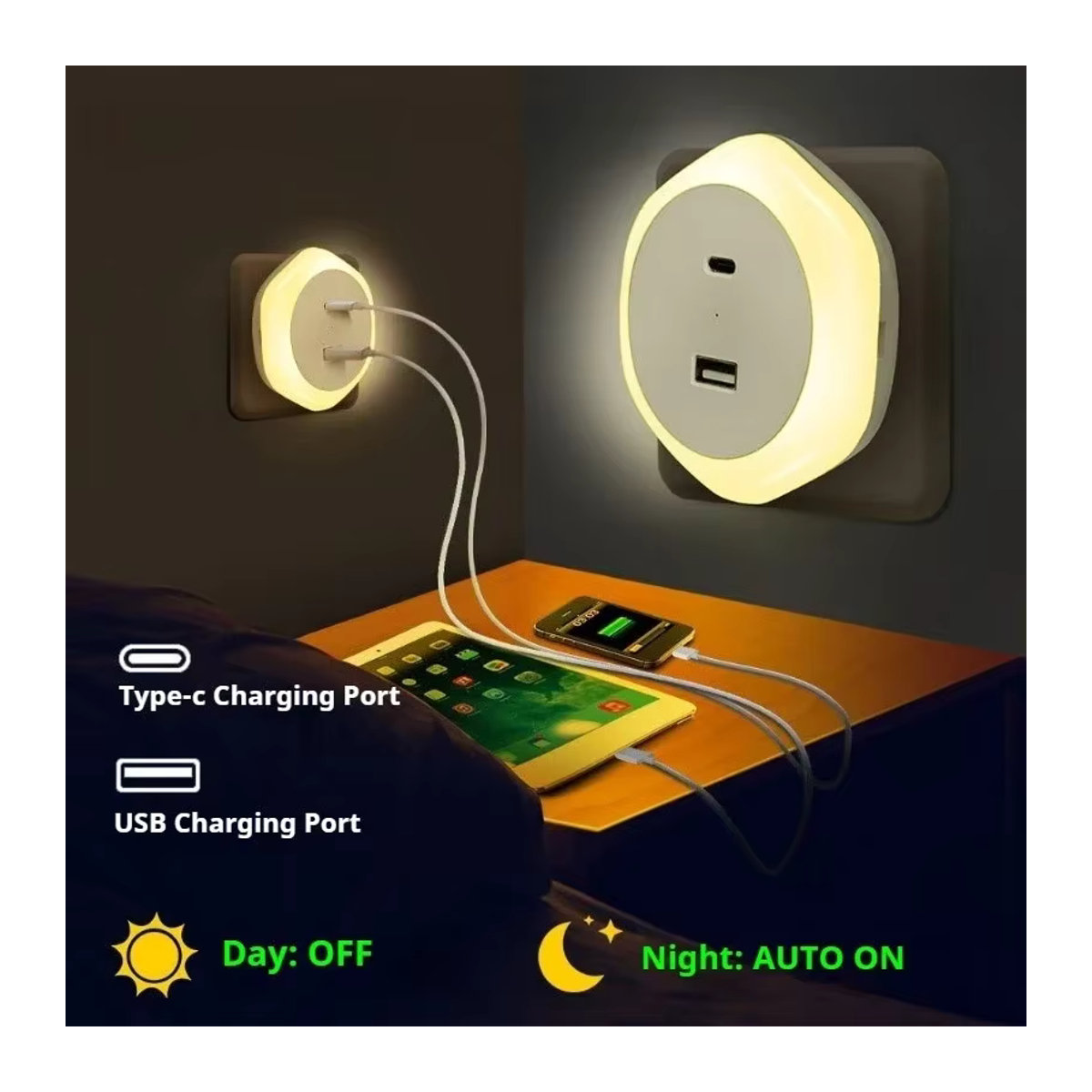 Dimmbare LED Nachttischlampe in Weiß mit automatischem Lichtsensor und USB-Typ-C-Anschluss, warmweißes Nachtlicht für Schlafzimmer und Flur - Bild 2
