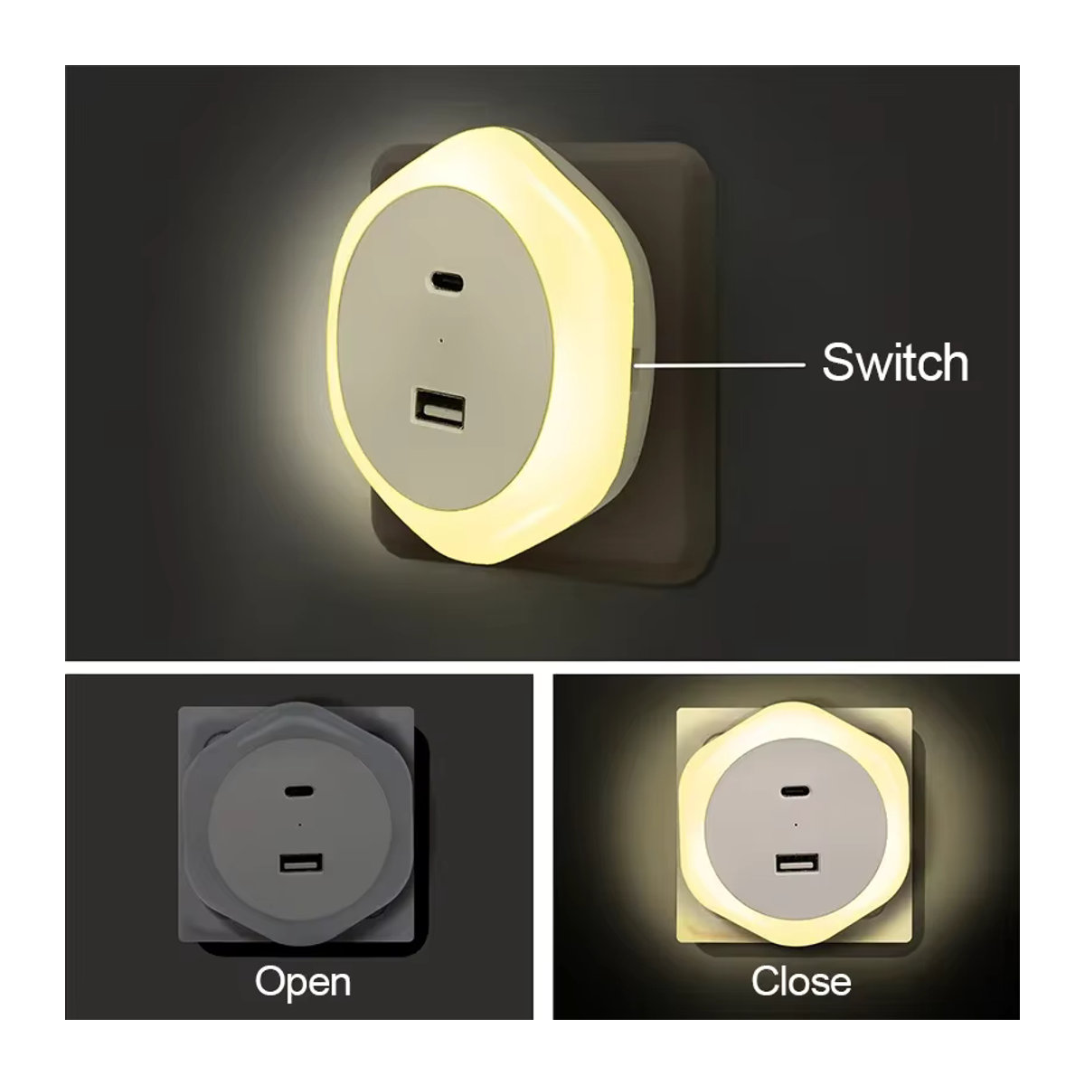 Dimmbare LED Nachttischlampe in Weiß mit automatischem Lichtsensor und USB-Typ-C-Anschluss, warmweißes Nachtlicht für Schlafzimmer und Flur - Bild 3