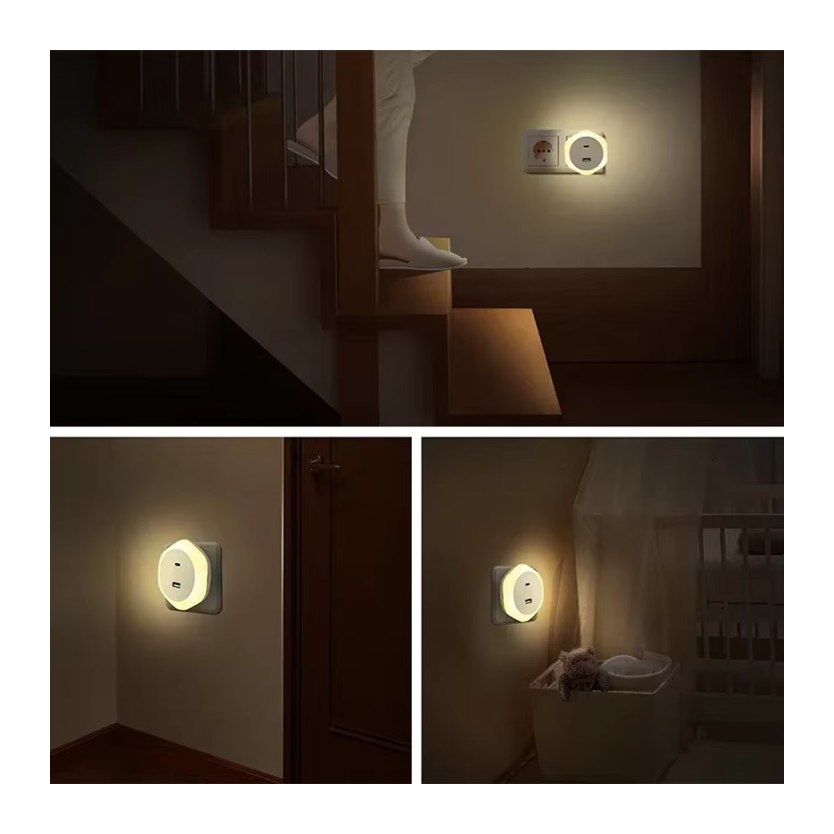 Dimmbare LED Nachttischlampe in Weiß mit automatischem Lichtsensor und USB-Typ-C-Anschluss, warmweißes Nachtlicht für Schlafzimmer und Flur - Bild 4
