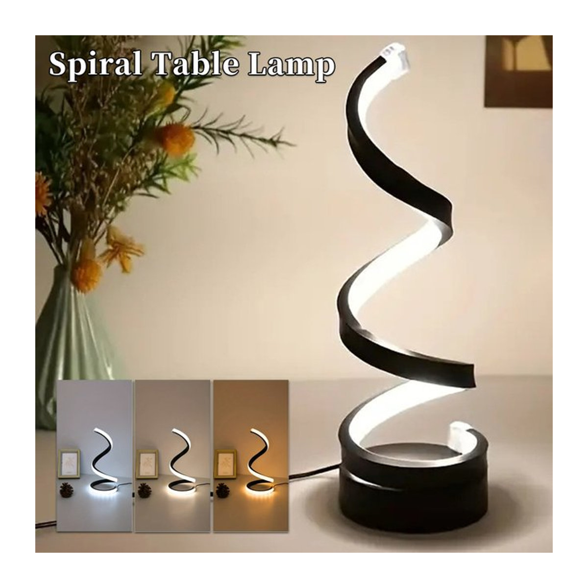 Dimmbare LED-Tischlampe ammtoo in Schwarz mit modernem Spiral-Design als Nachtlicht für Schlafzimmer, Wohnzimmer und Büro - Bild 1