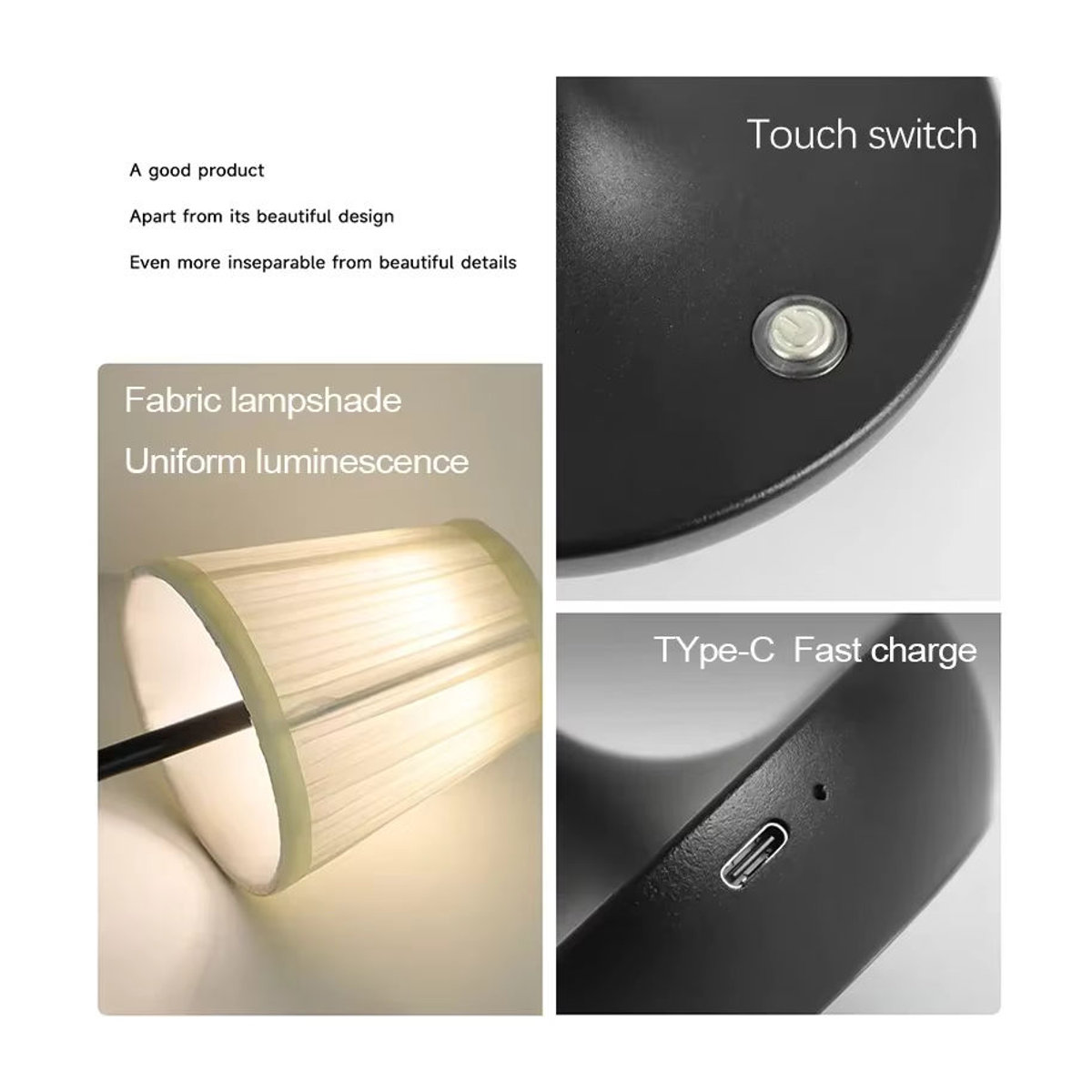 Dimmbare LED-Tischlampe von lyfs im chinesischen Stil mit Stofflampenschirm in Braun, USB-wiederaufladbar - Bild 5