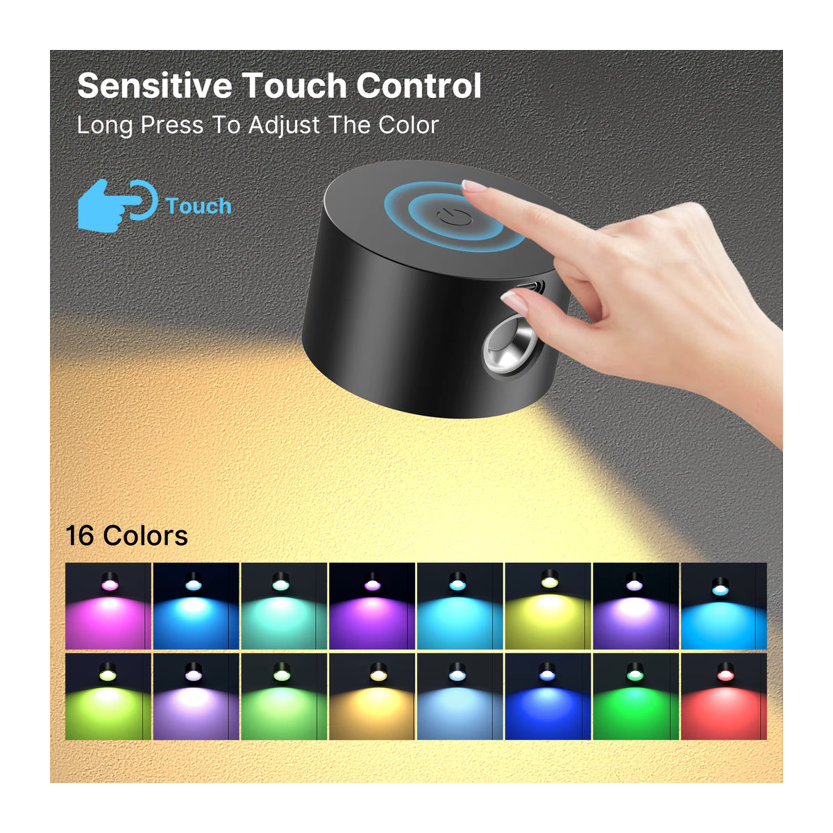 Dimmbare LED-Wandleuchte von aiopp in Schwarz mit 19 RGB-Farben, wiederaufladbar und batteriebetrieben, inklusive Touch- und Fernbedienung für eine 360 Grad Beleuchtung - Bild 3