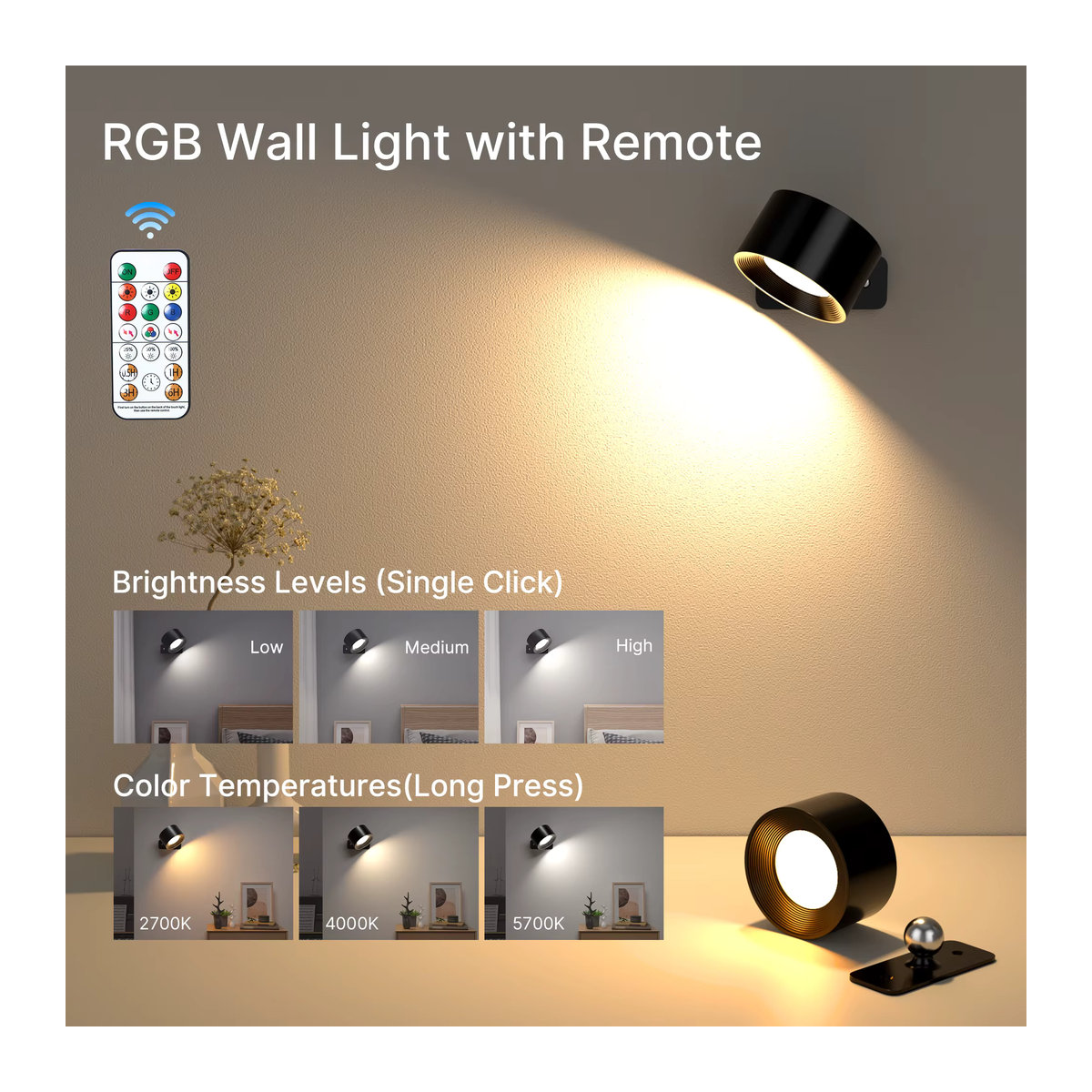 Dimmbare LED-Wandleuchte von aiopp in Schwarz mit 19 RGB-Farben, wiederaufladbar und batteriebetrieben, inklusive Touch- und Fernbedienung für eine 360 Grad Beleuchtung - Bild 6