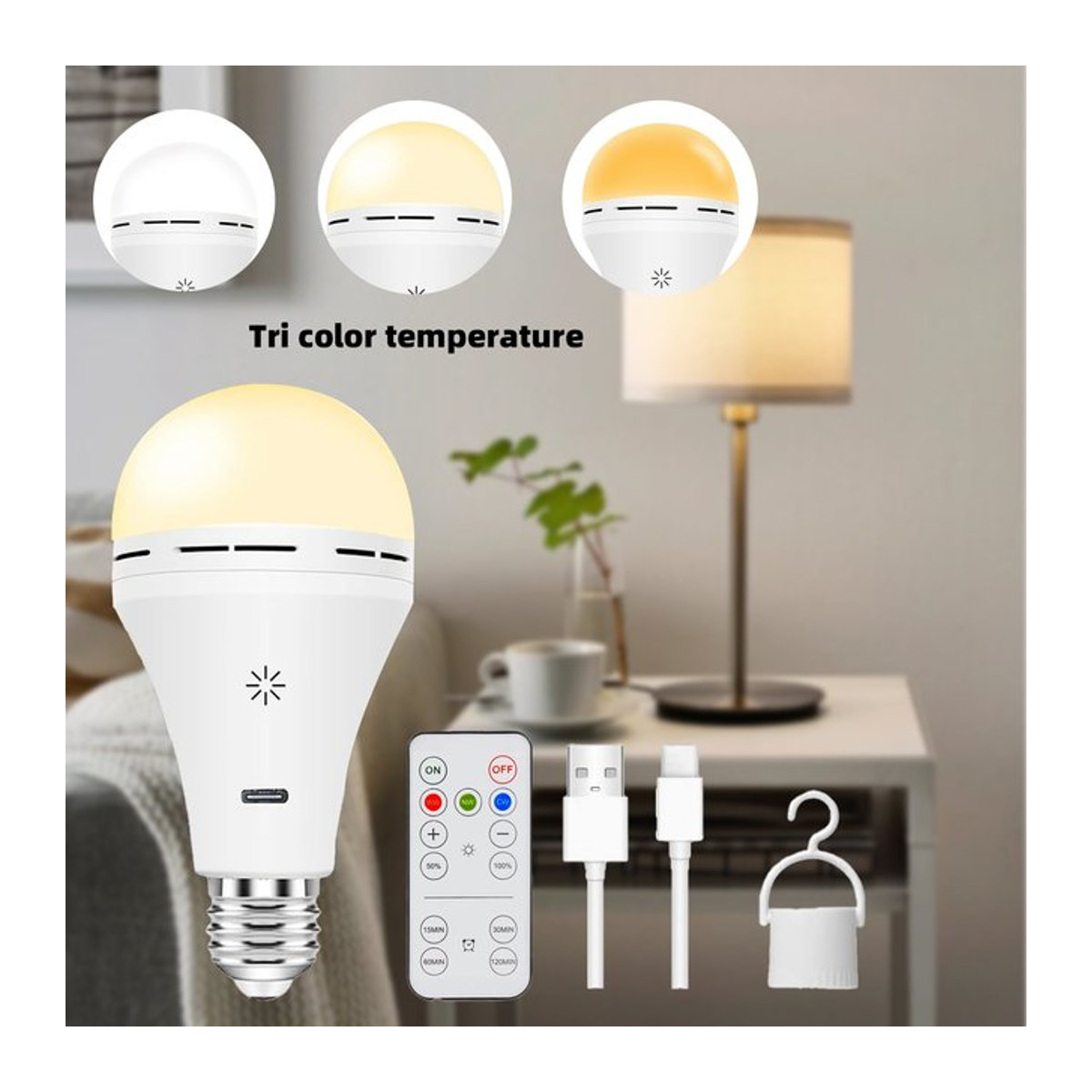 Dimmbare Smart LED-Lampe E27 mit Fernbedienung und Touch-Control, USB-C wiederaufladbar mit Timer, minimalistisches Design - Bild 1