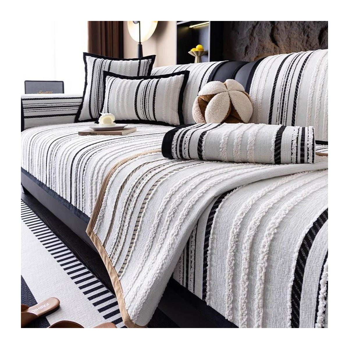 Dingding Sofa Slipcover Chenille Gestreift Rutschfest Weiß B/B: 70 x 70 cm - Bild 1