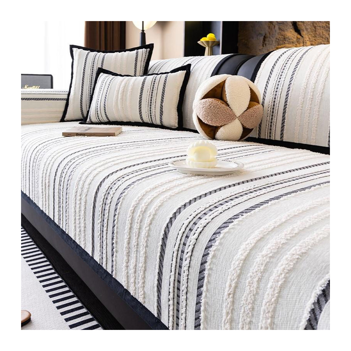 Dingding Sofa Slipcover Chenille Gestreift Rutschfest Weiß B/B: 70 x 70 cm - Bild 4