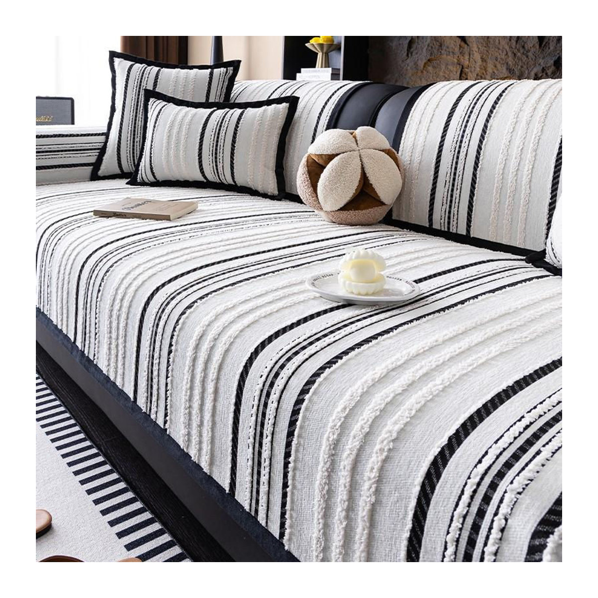 Dingding Sofa Slipcover Chenille Gestreift Rutschfest Weiß B/B: 70 x 70 cm - Bild 5