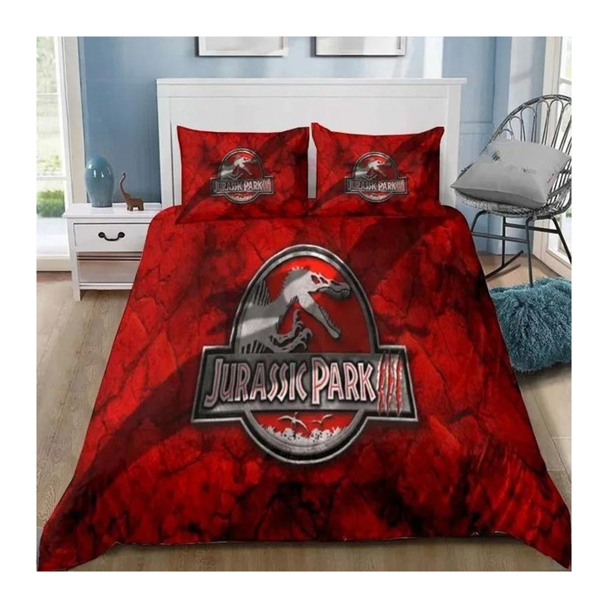 Dinosaurier Jurassic Park 3D-Druck Bettwäscheset rot, B/H: 150 x 200 cm - Bild 1
