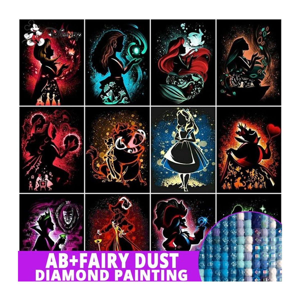 Disney 5D Diamantmalerei Aschenputtel und Elsa Silhouette Mosaik Set in Schwarz und Mehrfarbig, Quadratisch - Bild 1