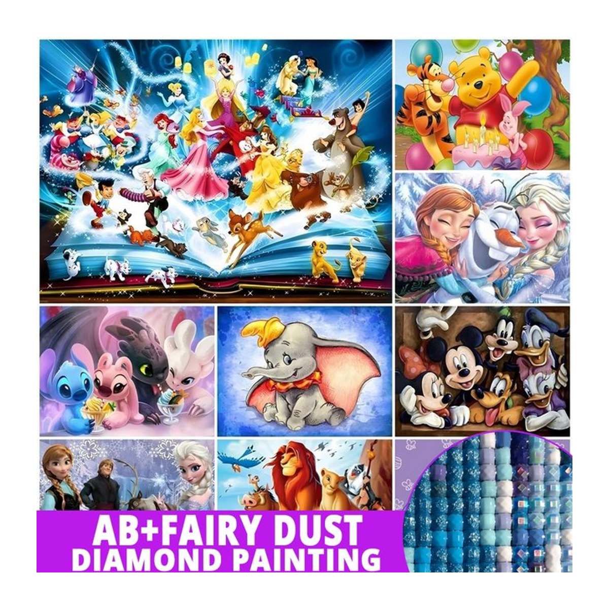 Disney Diamond Painting Set mit Elsa, Fee und Dumbo als DIY Mosaik Stickerei für Kinder, mehrfarbig, rund, Durchmesser: 25 cm - Bild 1