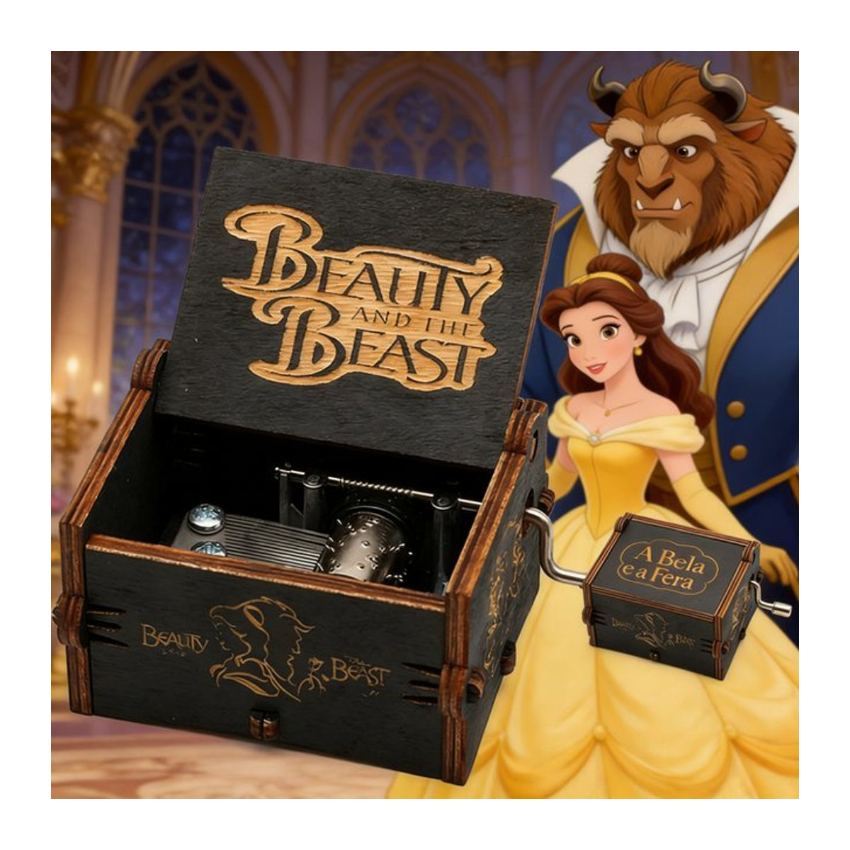 Disney Die Schöne und das Biest Holz-Spieluhr mit Handkurbel, Vintage Musikbox in Schwarz, gravierte Deko für Hochzeit, Geburtstag oder Weihnachten - Bild 1