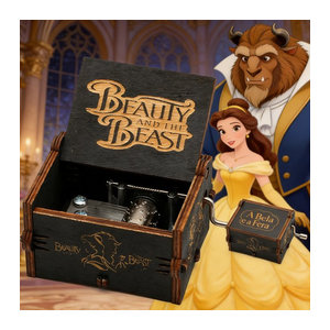 Disney Die Schöne und das Biest Holz-Spieluhr mit Handkurbel, Vintage Musikbox in Schwarz, gravierte Deko für Hochzeit, Geburtstag oder Weihnachten