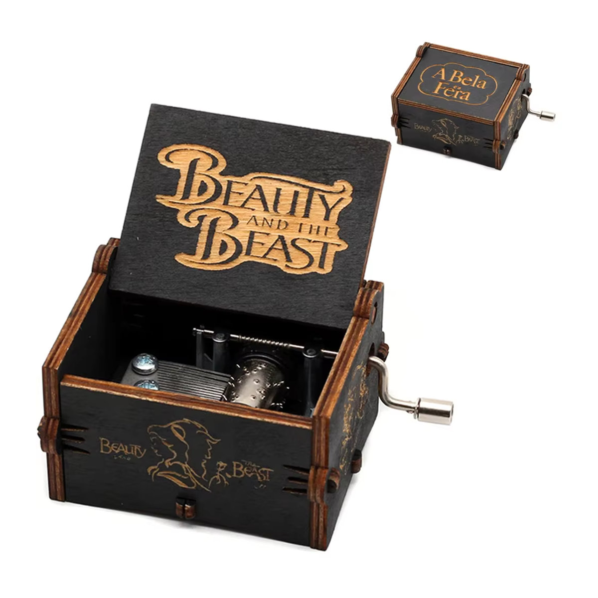 Disney Die Schöne und das Biest Holz-Spieluhr mit Handkurbel, Vintage Musikbox in Schwarz, gravierte Deko für Hochzeit, Geburtstag oder Weihnachten - Bild 2