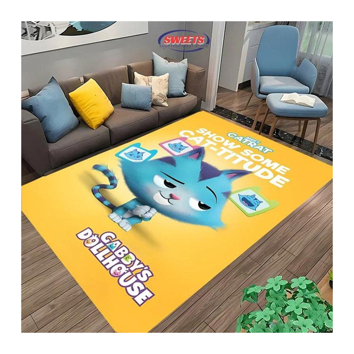 Disney Gabby Puppenhaus Teppich Gelb, Rutschfeste Dekomatte für Kinder, B/B: 100 x 150 cm - Bild 1