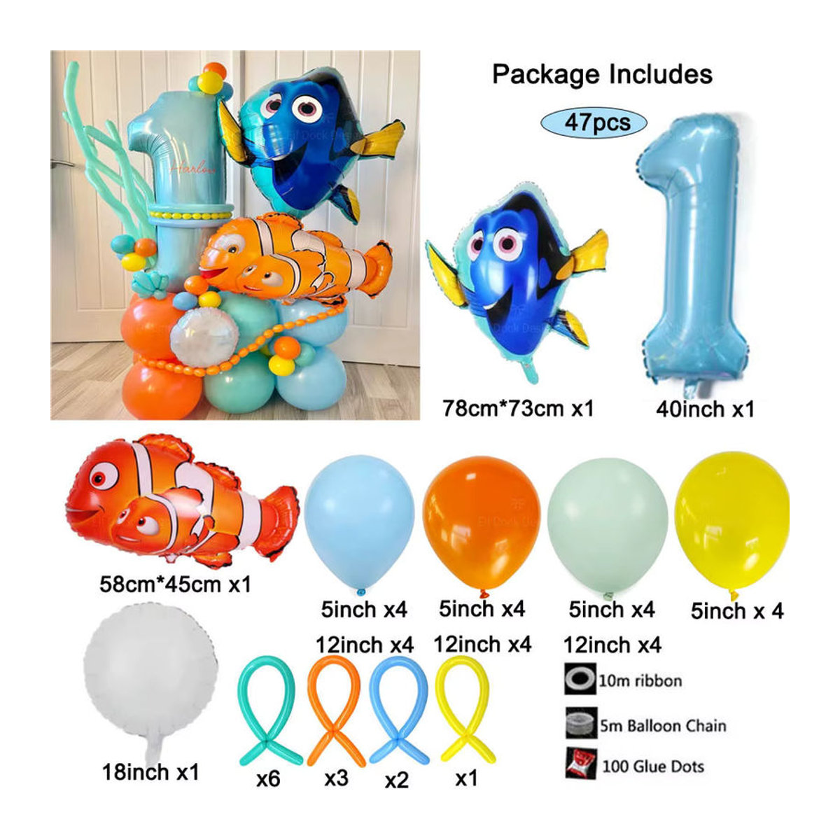 Disney Nemo Unterwasser Welt Folienballon Set mit Clownfisch für Baby Shower und Geburtstag Party Dekoration in Mehrfarbig - Bild 2