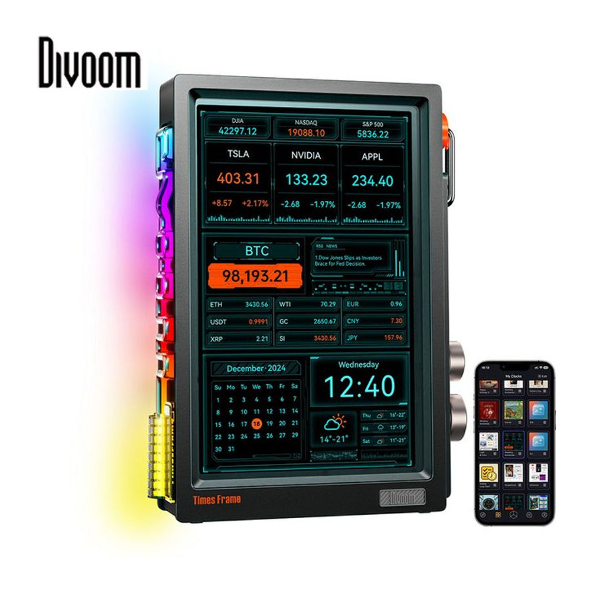 Divoom Times Frame Smart HD-Bildschirm 10,1 Zoll DIY Digitaluhr in Schwarz mit Krypto-Aktien-Wetterkalender - Bild 1
