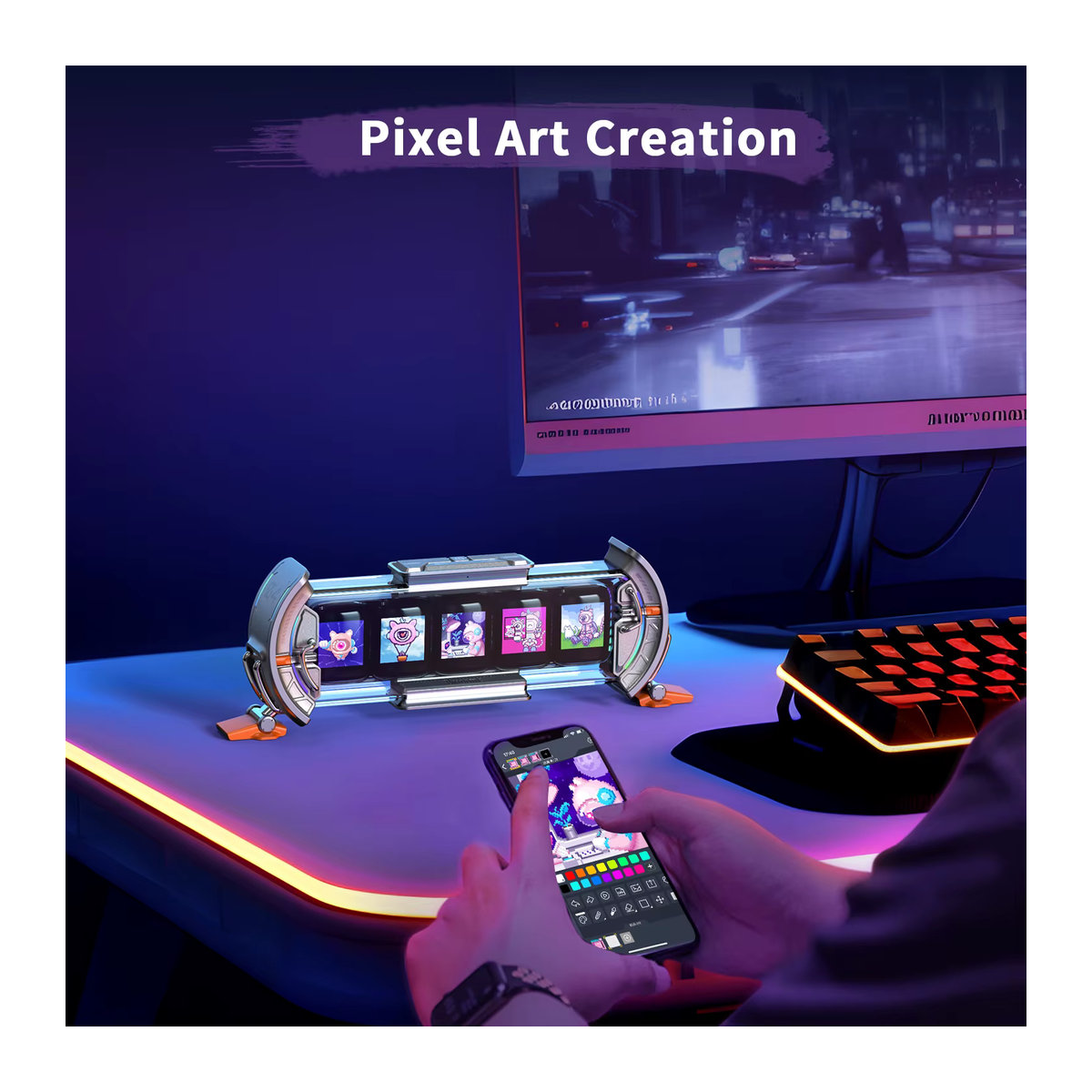 Divoom Times Gate Cyberpunk Gaming Digitaluhr mit RGB-LED-Display und App-Steuerung in Silber und Rosa - Bild 5